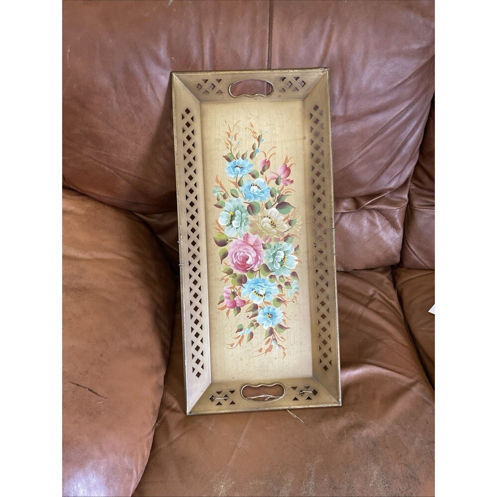 Vintage Nashco Tan Hand Painted Floral Toleware Rectangle Serving Tray 22"x10"